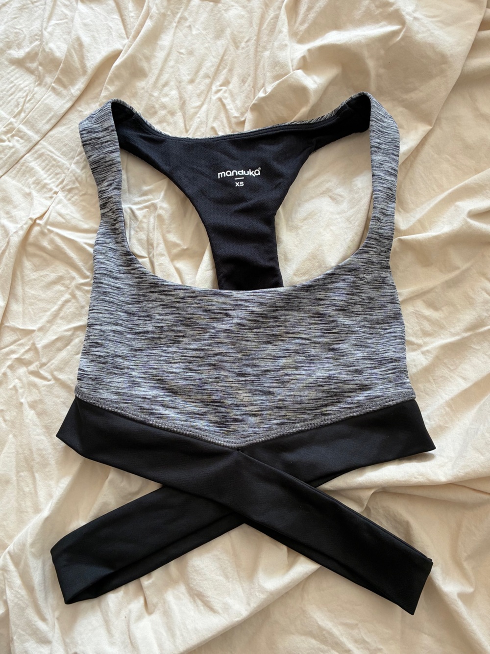 Manduka Yoga Crossover Bra - Grey Heather and Black - size XS